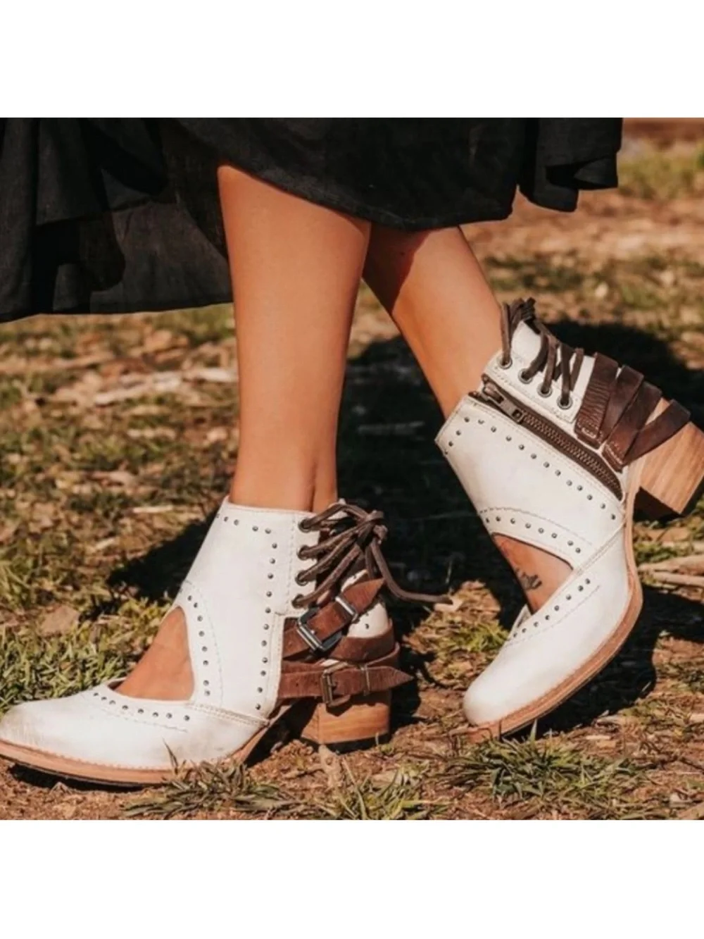 Freebird By Steven Desert Leather Buckle Cutout Studded Ankle Boots Size 10